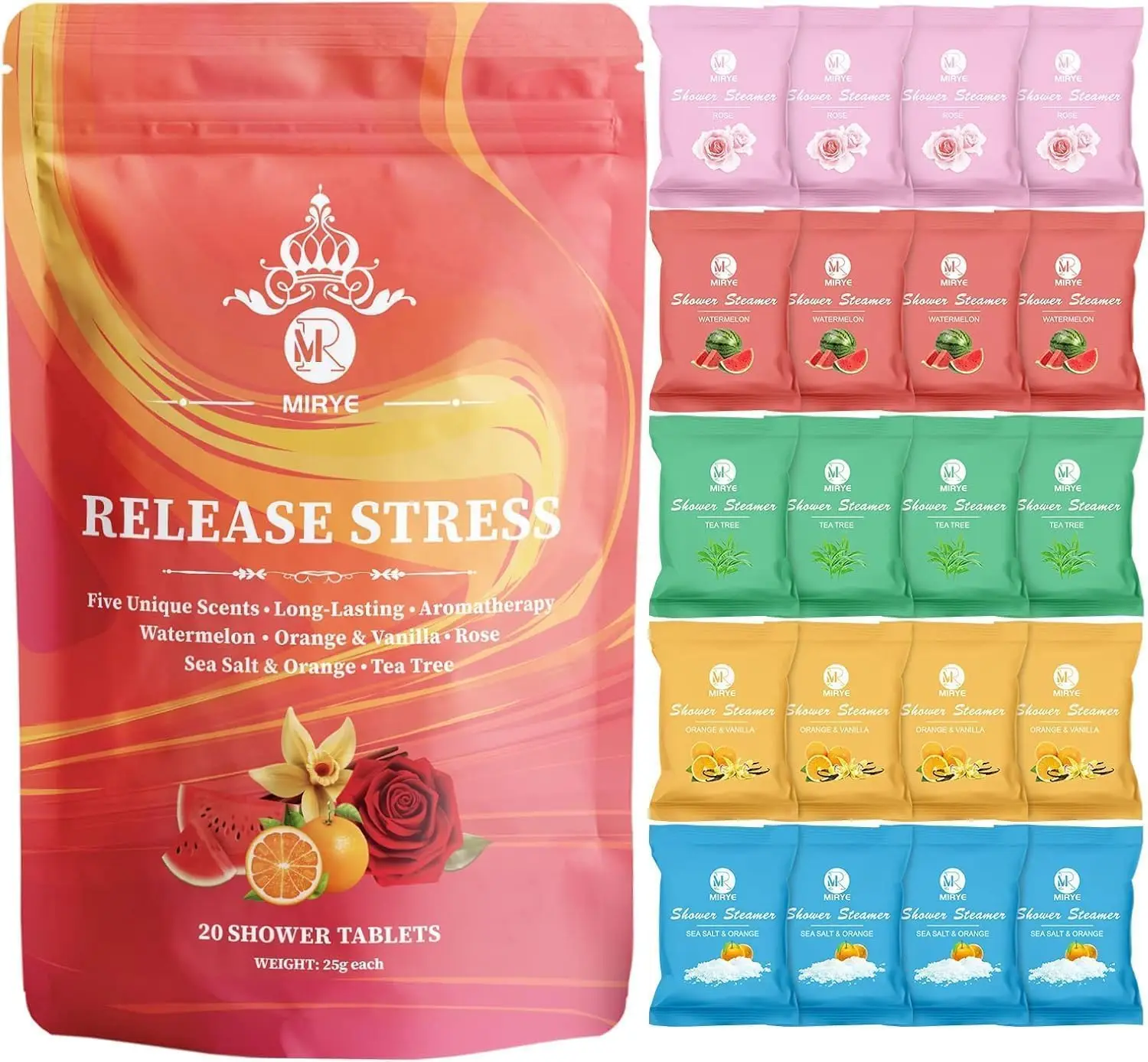 

Aromatherapy Shower Steamers - 20 Pack with Watermelon, Orange Vanilla, Sea Salt Orange, Rose & Tea Tree Scents