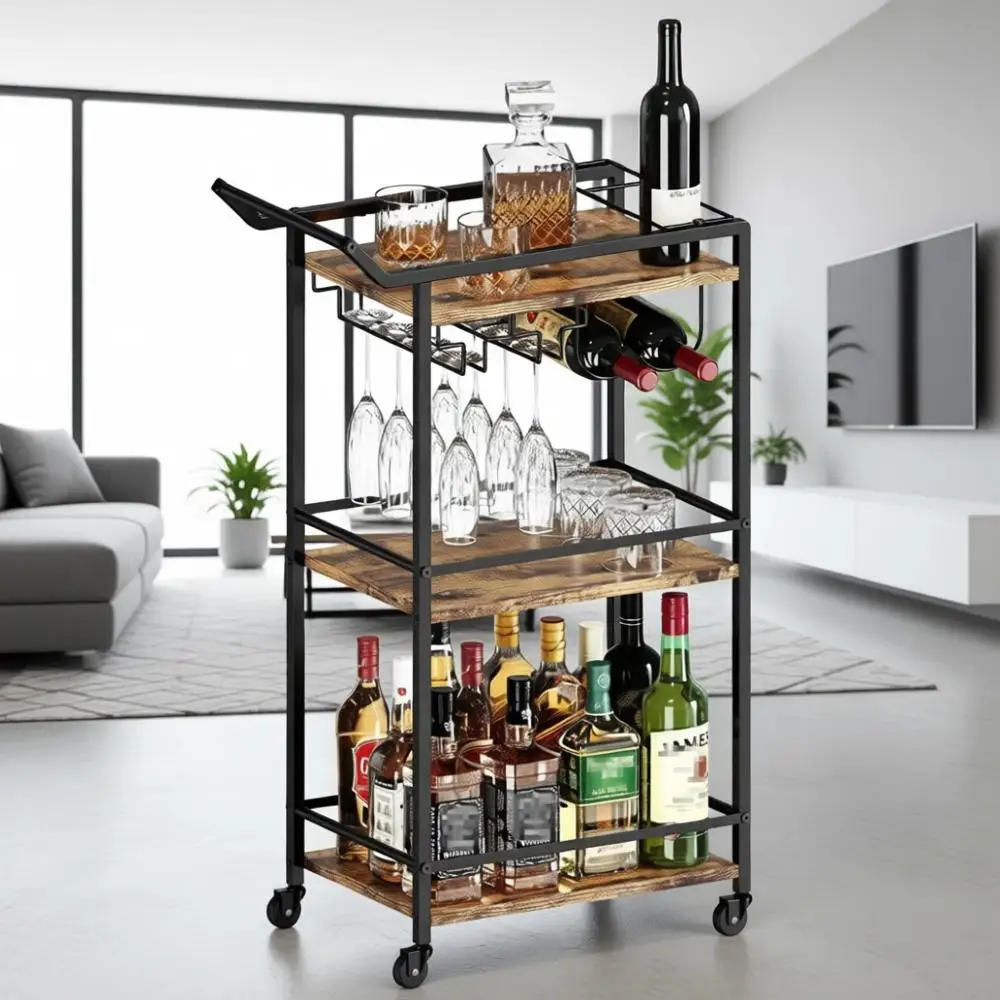 

Трехуровневая передвижная тележка для кухни и дома, коричневый рустик — идеально подходит для вечеринок с вином и напитками
