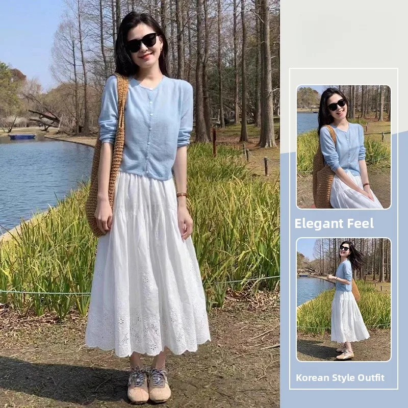 

Korean Style Ageless Blue Knitted Cardigan And White Skirt Set Women's Fashion Autumn Collection Elegant Casual Outfit