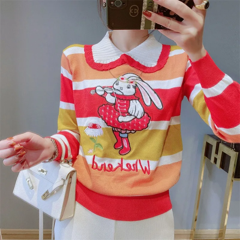 Bunny Embroidered Stylish Sweatr Women Striped Knitted Pullover Jumpers Long Sleeve Contrast Color Fashion Chic Vintage Knitwear