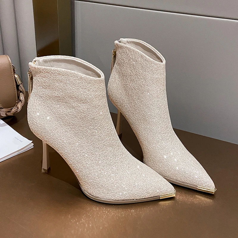 

Korean Sle High Heel Faion Boots Women's Winter New Sparkling Slim Pointed Toe Fine Heel ort Boots for Par