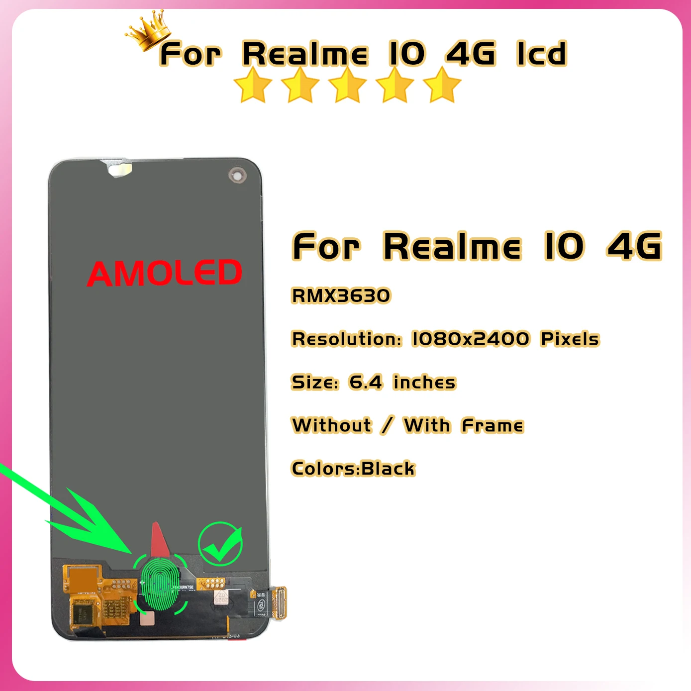 6.4" AMOLED For Oppo Realme 10 RMX3630 LCD Display Screen Touch Assembly FOR Realme 10 4G Display Panel Digitizer NO/With frame image 6