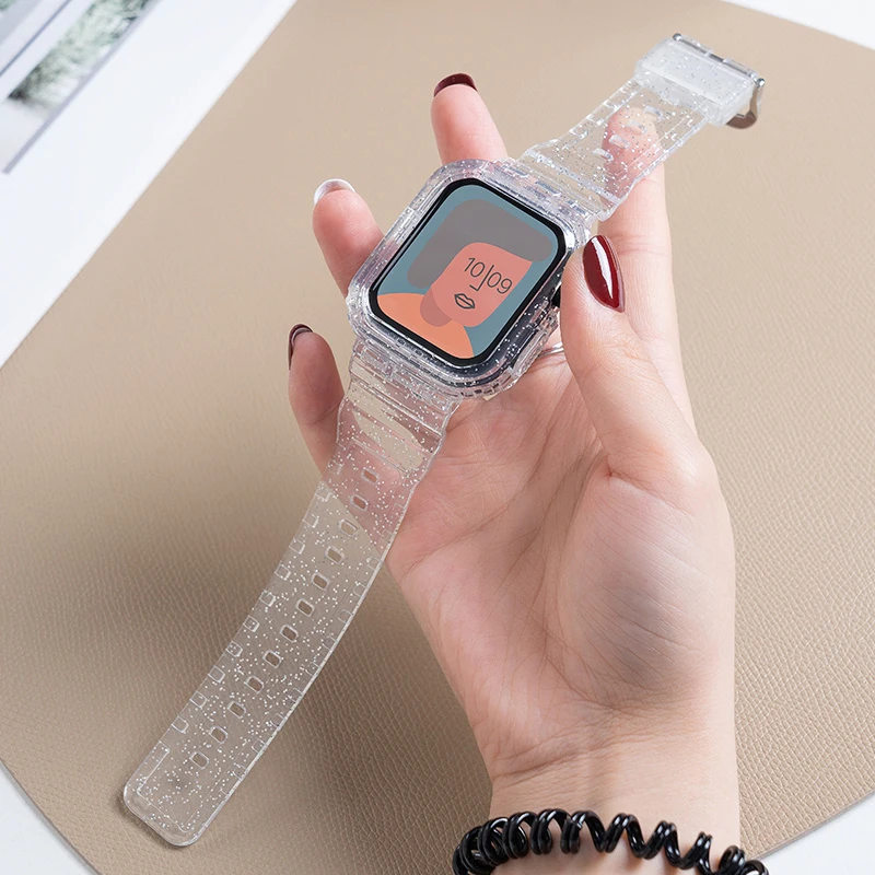 Glitter Band e Case para Apple Watch, Clear Candy Woman Bracelet, Acessórios iWatch, Série 8, 7, 6, SE, 5, 4, 3, 41mm, 45mm, 42, 38, 44, 40