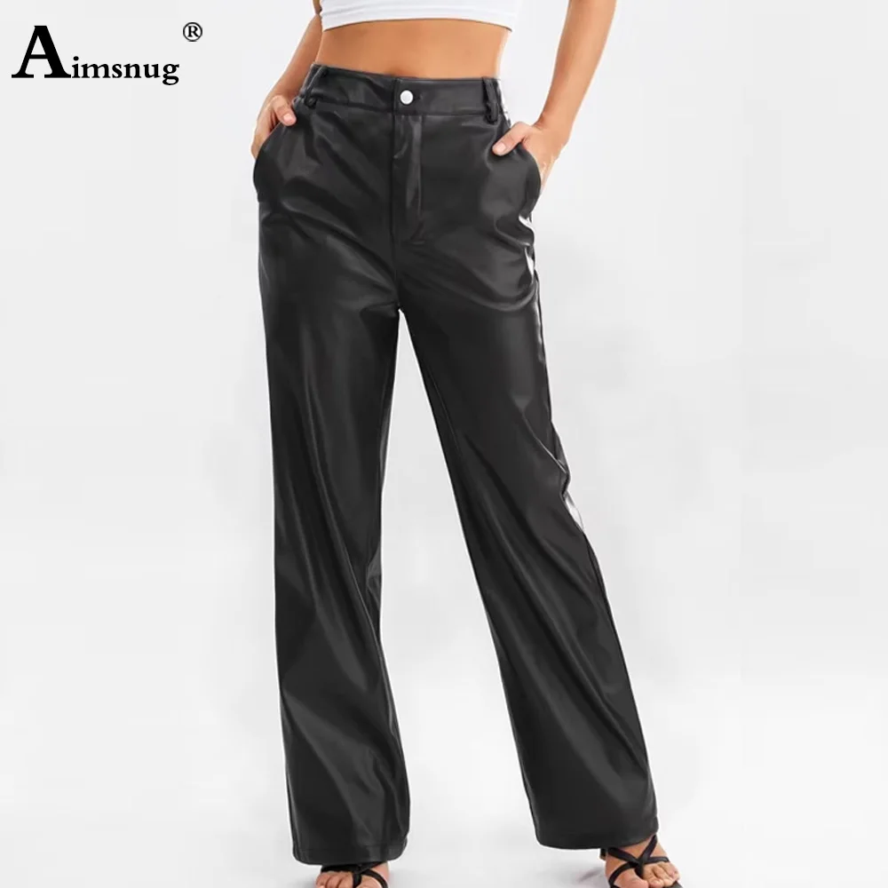 Pantalon droit en cuir PU pour femmes, coupe haute, mode basique, américain et européen, Sexy, fermeture éclair, tenues en Faux cuir, nouvelle collection 2025