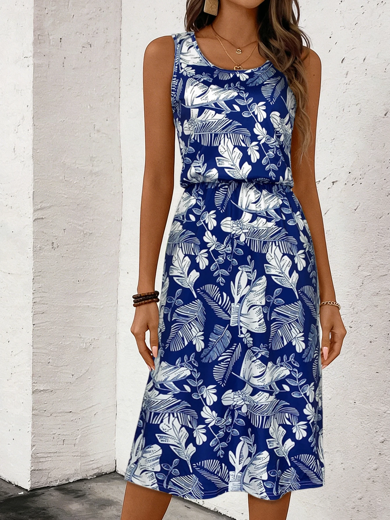 Women's Blue Tropical Leaf Print Sleeveless Midi Dress, Summer Casual Round Neck Elastic Waist Sundress