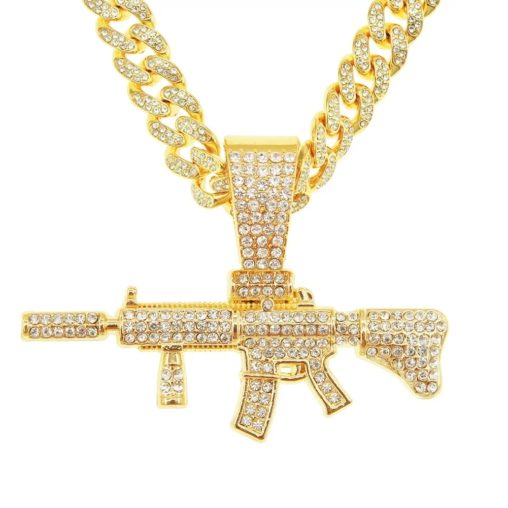 Men Women 14MM Cuban Chain AK47 Gun Pendant Necklace Iced Out AAA Rhinestone Prong Miami Cuban Link Chain Hip Hop Jewelry Gifts