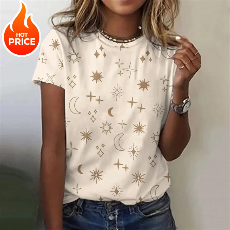 3D-gedrucktes Sonnensterne-Mond-T-Shirt für Frauen, Sternenhimmel-Grafik-T-Shirts, Sommer, lässige, lockere T-Shirts, Rundhalsausschnitt, kurze Ärmel