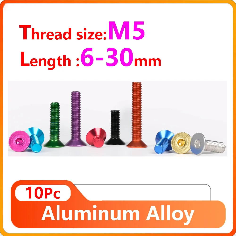 

10Pcs Colorful Flat Screws M5 Thread 6/8/10/12/15/16/20/25/30mm Aluminum Alloy Hex Socket Countersunk Head Bolts