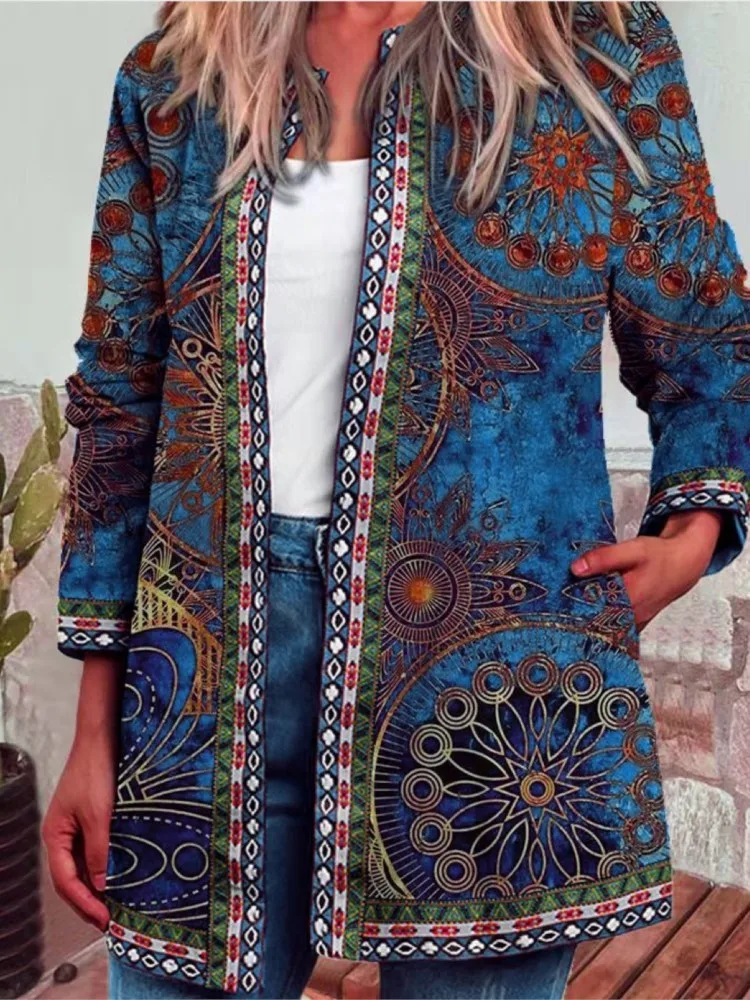 Jesienno-zimowa moda Kolorowy Boho Kwiatowy nadruk Otwarty przód Kardigan Casual Luźna lekka kurtka z długim rękawem i kieszeniami