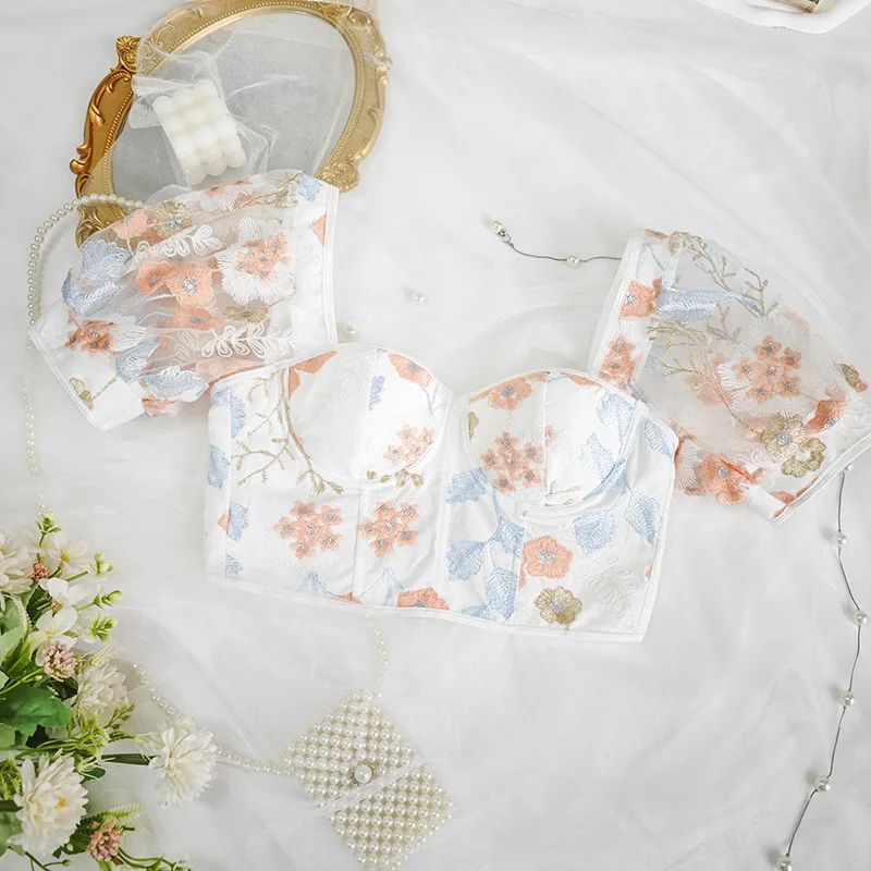 

Sheer Blouse Women Sexy Floral French Style Puff Sleeve Lace Top with Underwire Padded Short Blouse Summer See Through Shirt