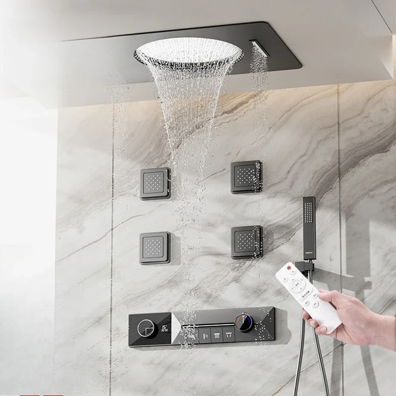 Concealed waterfall shower embedded ambient light thermostatic button hotel shower all copper shower set