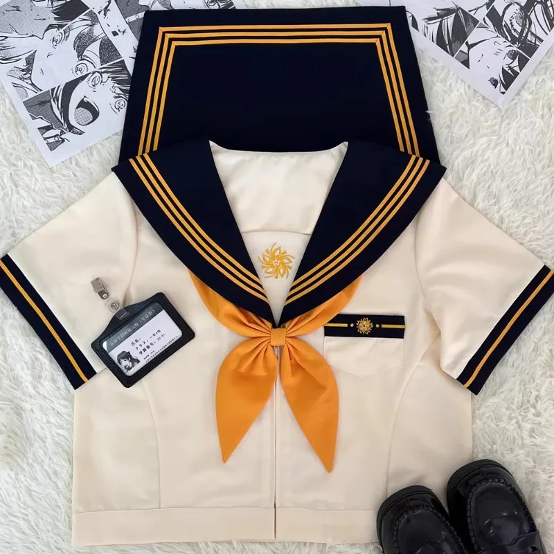 Japanese JK Uniform Sailor Collar Preppy Style Casual Yellow Beige Mixed Color Long Short Sleeves Top Pleated Skirt Set For Girl