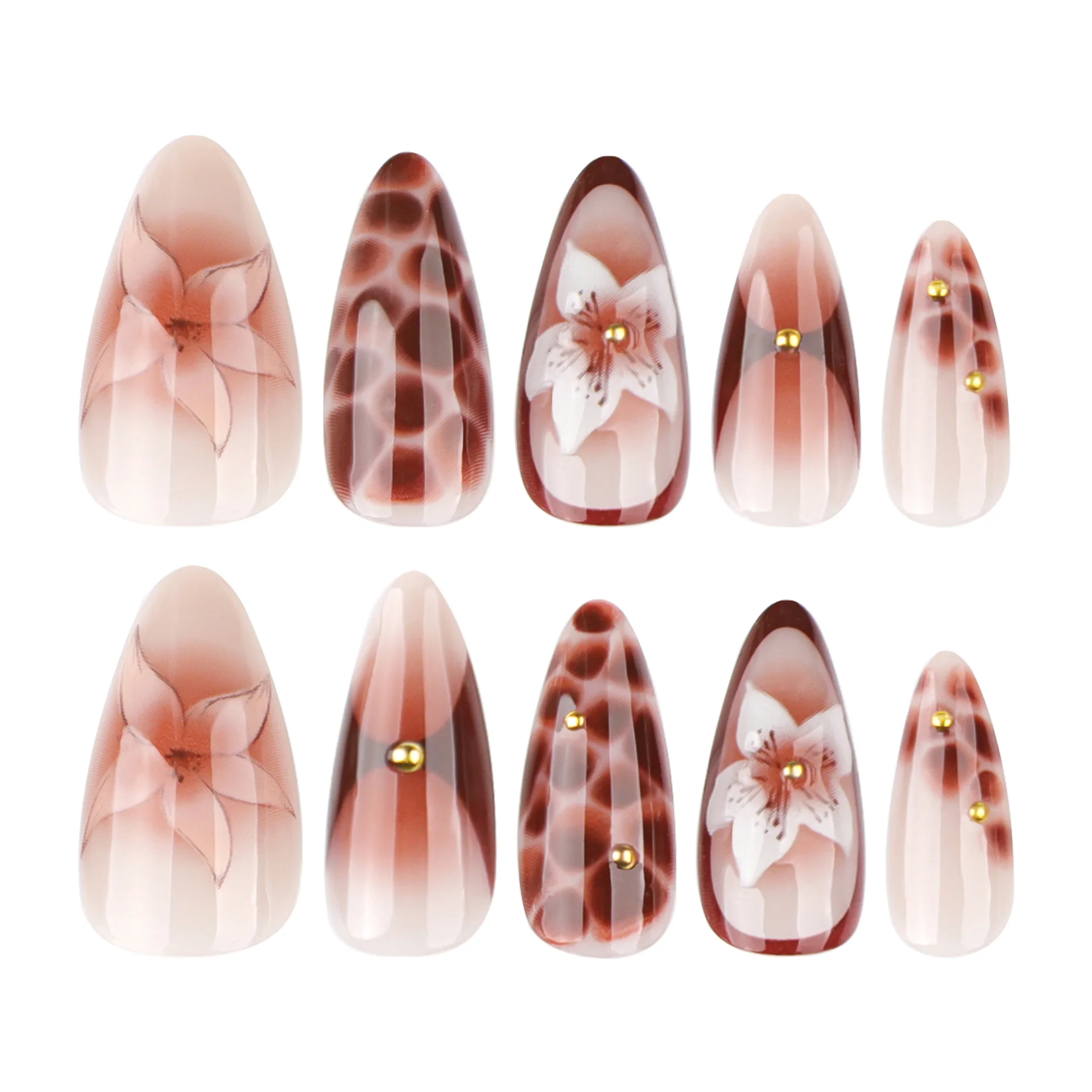 24pcs Retro Almond Press On Nails Brown Marble Cracks Ice Flower Printed False Nails European Wearable French Style Fake Nail - Image 4