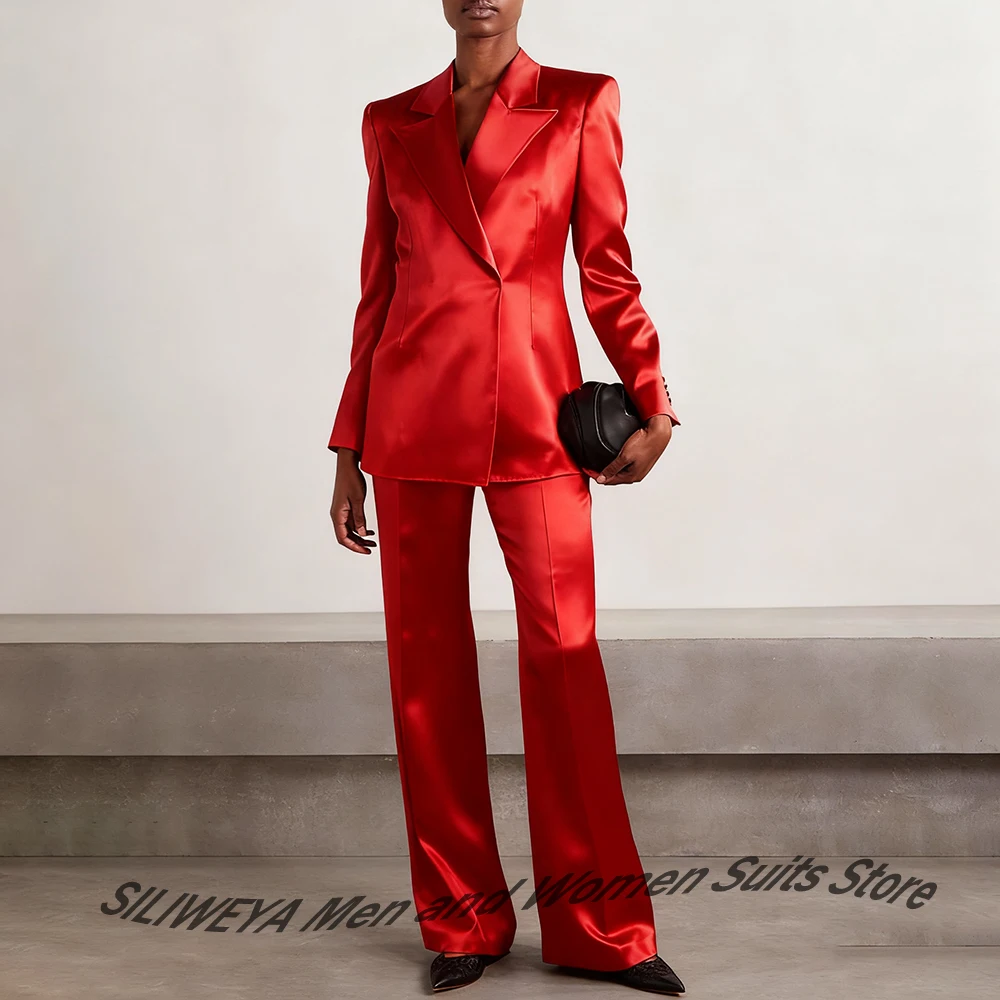 

Элегантный женский атласный красный костюм со скрытыми грудьями, пиджак с лацканами и брюками, профессиональная офисная женская официальная деловая верхняя одежда