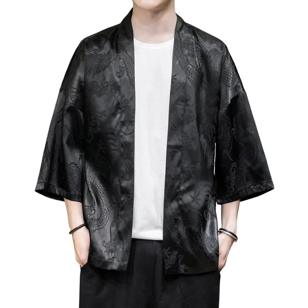 

Summer Fall Men Shirt Vintage Chinese Style Ice Silk Dragon Pattern Cardigan Plus Size Loose Long Sleeves Sunscreen Shawl Coat