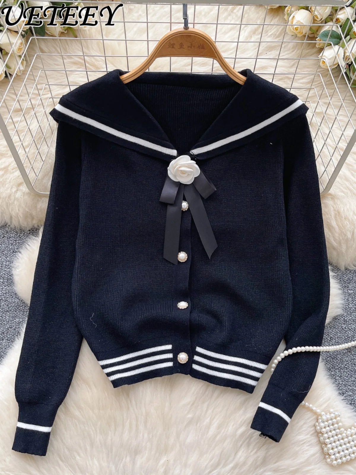 Autumn Winter New High-end Flower Contrasting Color Navy Collar Long-sleeved Knitted Sweater Women's Versatile Foreign Cardigan