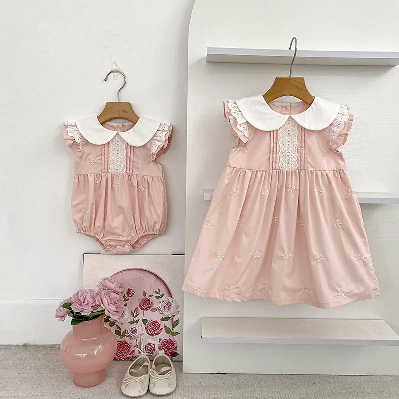 2026 New Summer 0-24M Infant Baby Romper Sleeveless Cotton Baby Girl Bodysuit 2-6Yrs Kids Princess Print Dress Sister Clothing