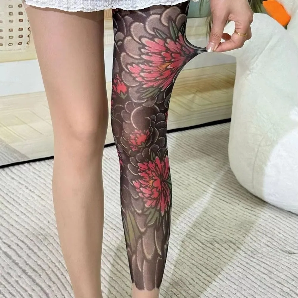 

New Fake Tattoo Women's Sexy Printed Tights Perspective Leggings High Pantyhose Mesh Peony Pantyhose Summer
