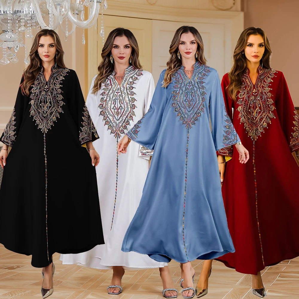 

Black White Blue Red Ramadan Dress 2025 Muslim Clothes Women Dubai Moroccan Luxury Caftan Long Sleeve Evening Large Size Dresses