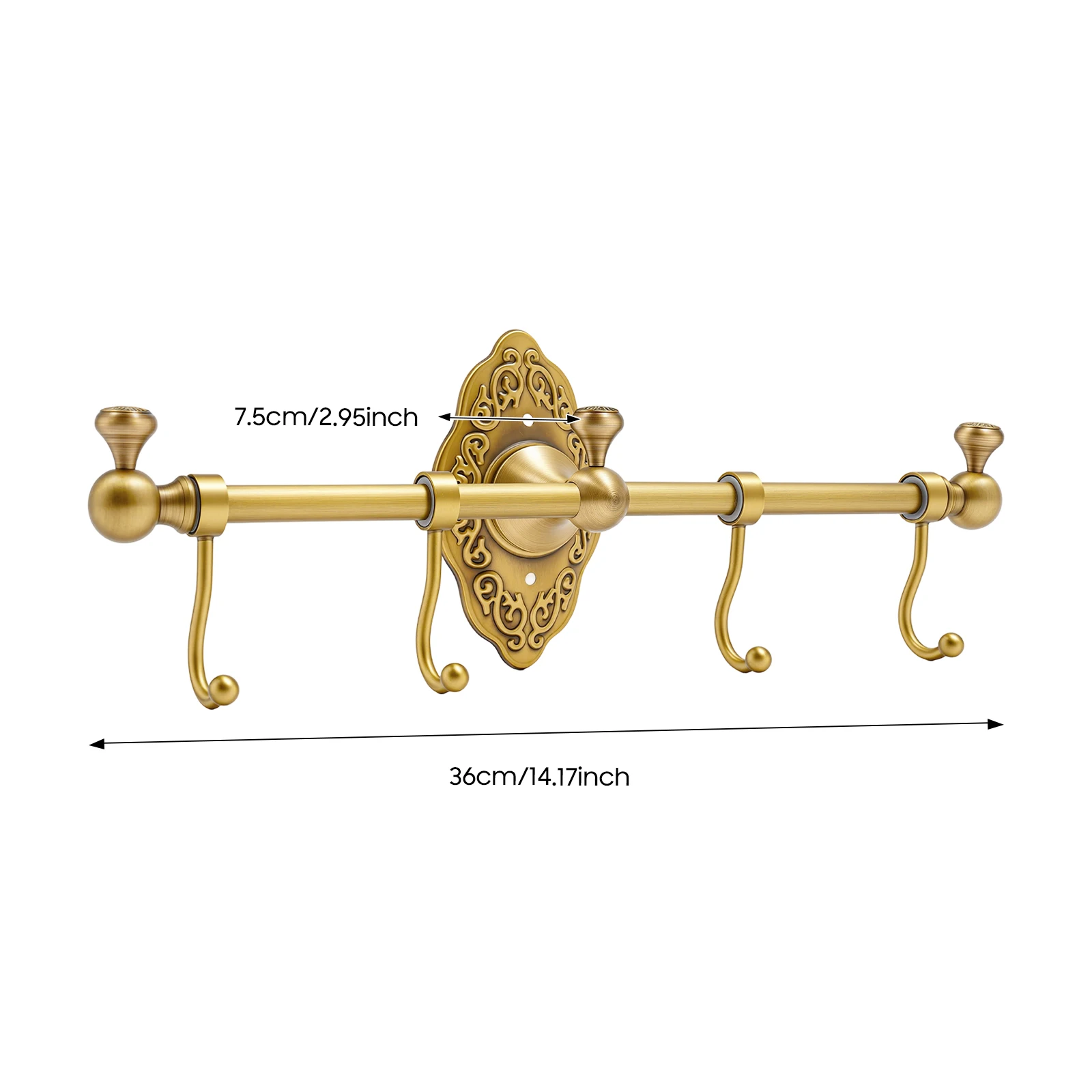 

Wall Mounted Brass Rail with 4 Hooks, Gold Vintage Towel Bar, Vintage Coat Hook Rack for Entryway, Foyer, Hallway, Bathroom