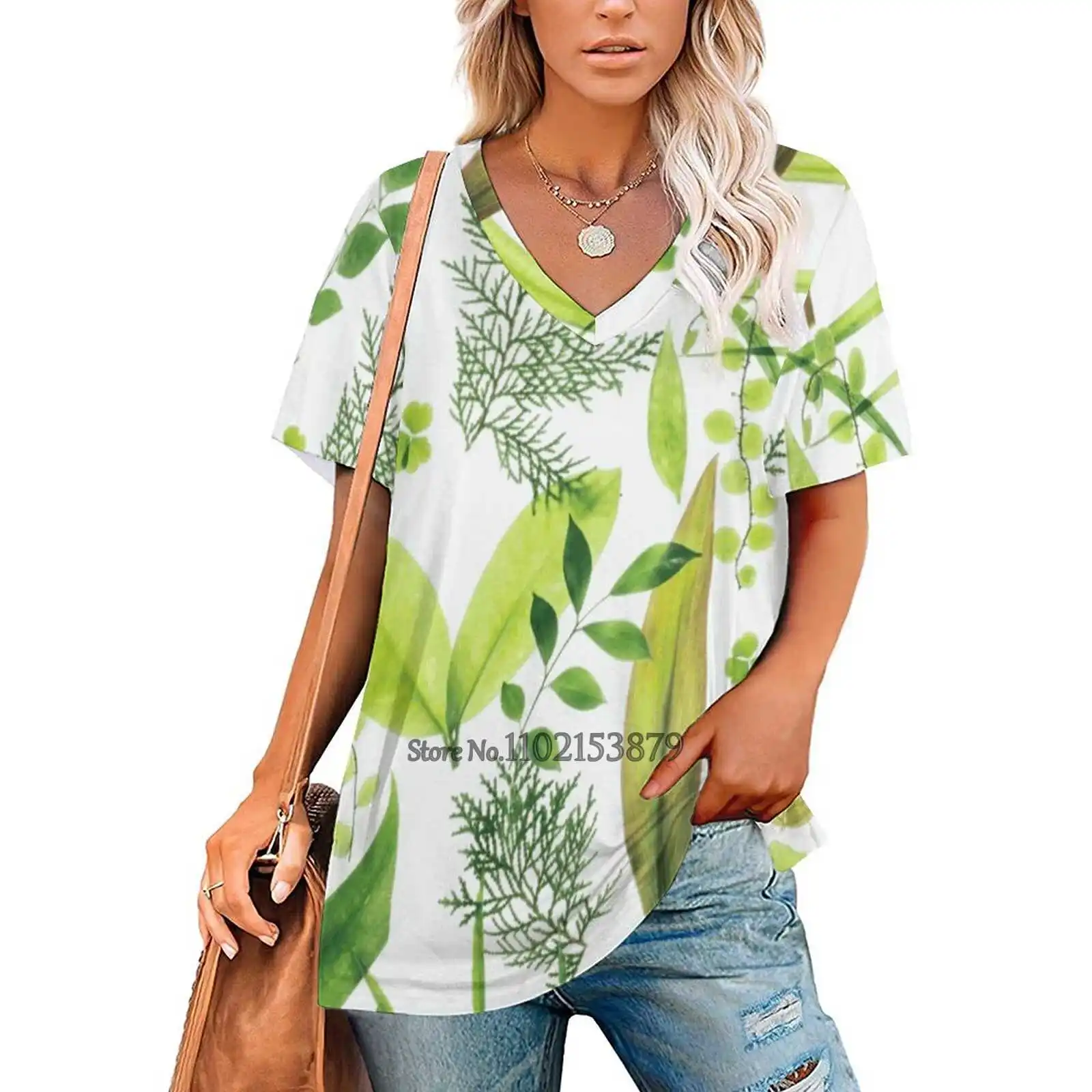 Foliage Women's T-Shirt Casual Short Sleeved Tops V-Neck Zipper Tee Ladies Loose T Shirts Botany Botanical Nature Leaf Foliage