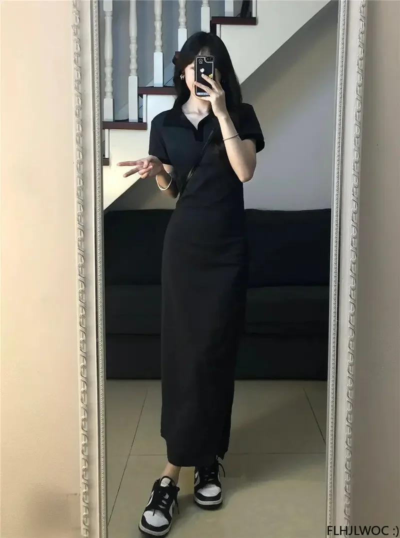 2025 الصيف لطيف الفتيات الحلو النساء كوريا اليابان نمط Preppy عادية كم قصير الصلبة الأسود القطن يمزج تي شيرت فستان