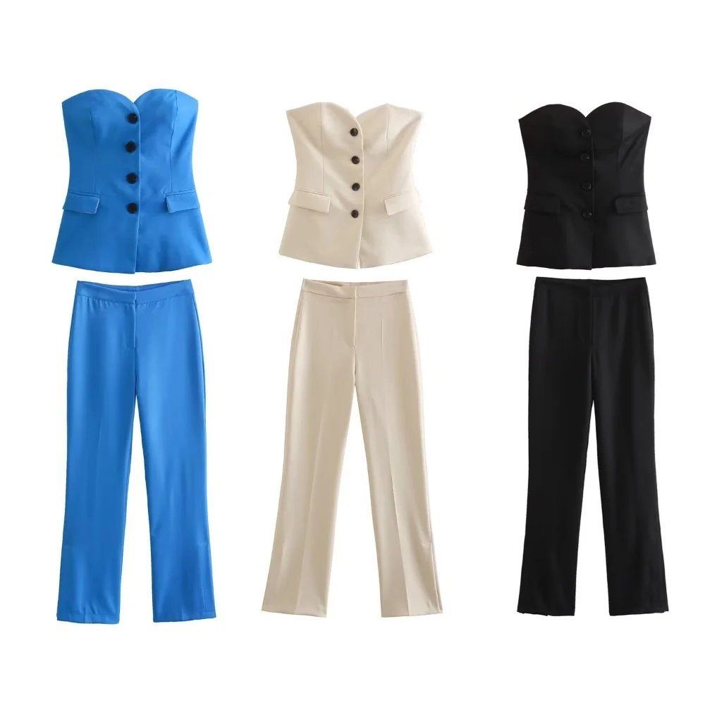 PB&ZA 2024 Spring New Women\'s Fashion and Versatile Underwear Tank Top+Split Leg Straight Leg Trouser Set