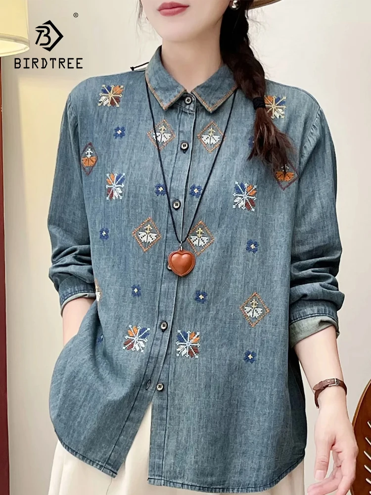 

New Autumn Cotton Long Sleeve Denim Shirts, Women Lapel Embroidery Tops, Mori Girl Loose Retro OL Blouses, 2024 Winter T48643QC