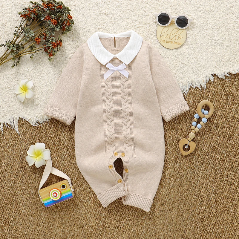 

Newborn Baby Rompers Knit Girl Boy Jumpsuit Fashion Solid Cute Bow Overalls Playsuit Long Sleeve Autumn Infant Kid Clothes 0-18M