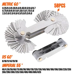 Metric British US 58 PCS Blade Thread Gauges 55 Degree and Metric 60 Degree Thread Pitch Gauges Used for Thread Measuring Tools