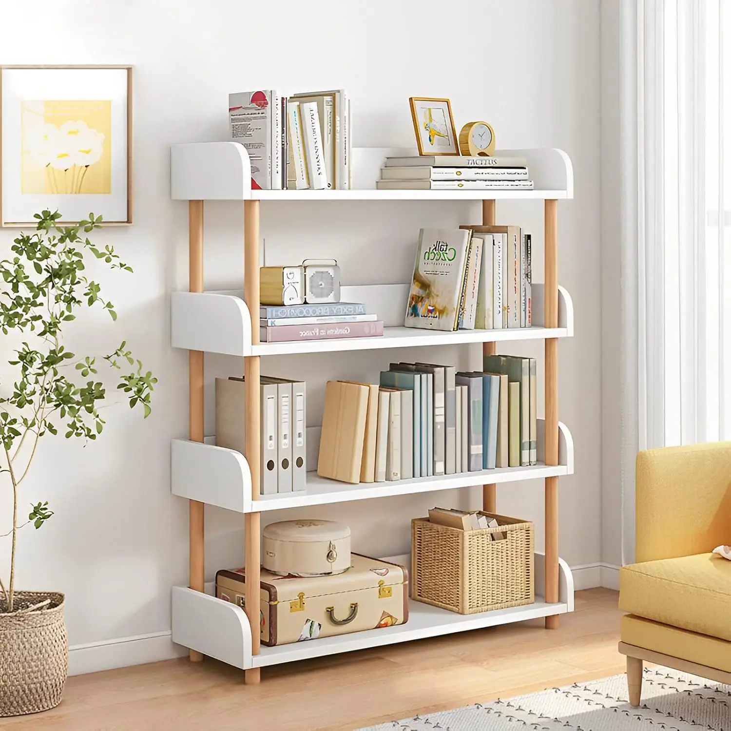 

Four Tier Wooden Open Bookcase Modern Display Shelf Solid Frame Top Edge Storage Cabinet Warm White