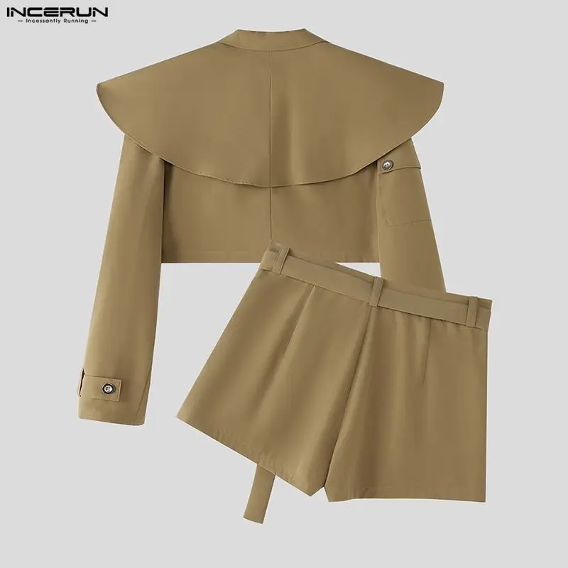 Incerun conjuntos masculinos cor sólida manga longa colheita jaquetas & shorts duas peças define streetwear solto 2025 moda casual ternos masculinos
