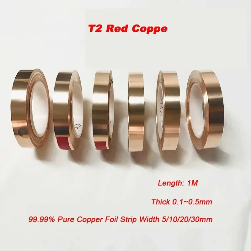 1M 99.99% Pure Copper Foil Strip T2 Red Copper Narrow Roll Width 5-30mm Thick 0.1-0.5mm