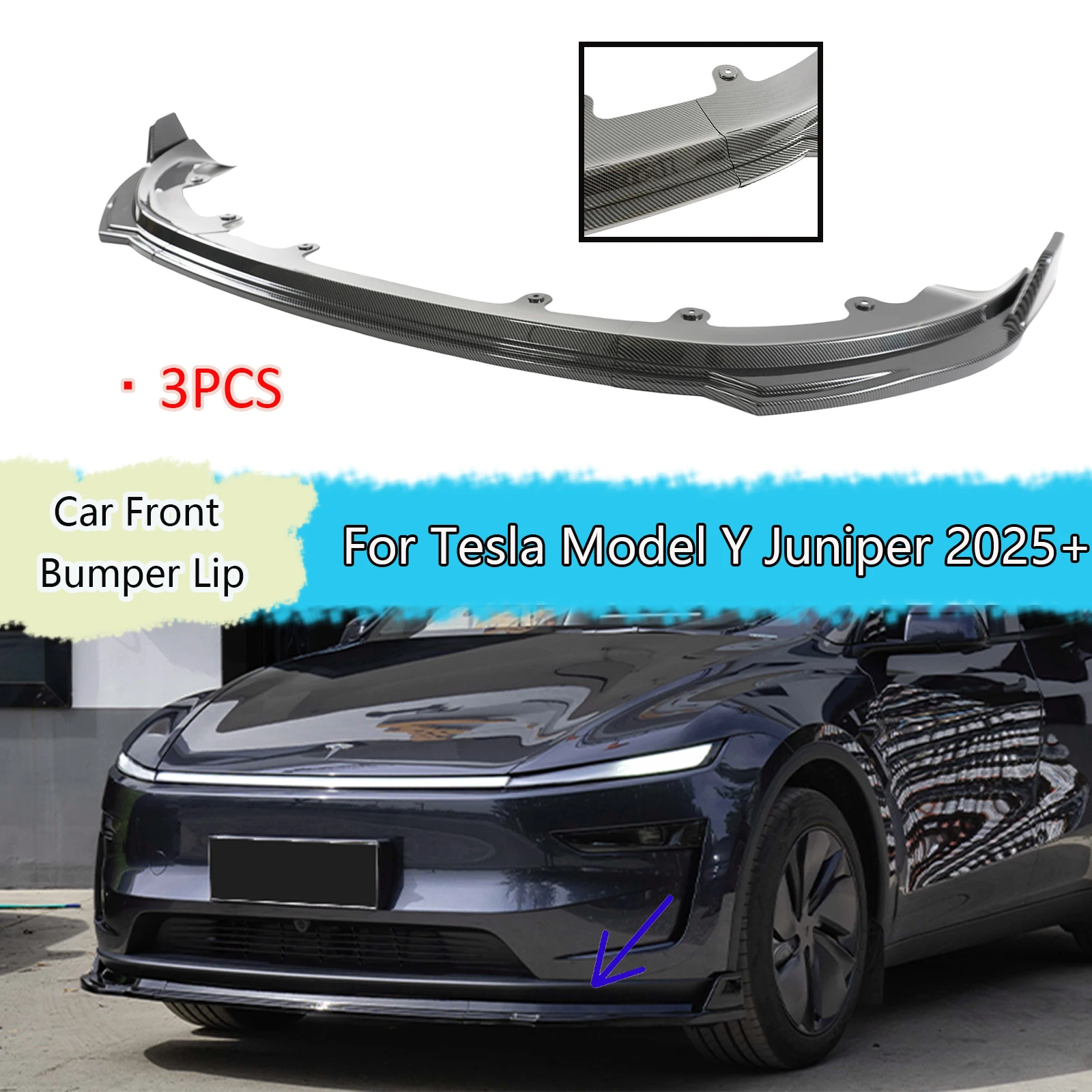 

For Tesla Model Y Juniper 2025+ 3PCS Car Front Bumper Lip Body Kits Spoiler Splitter Auto Accessories Glossy Black New