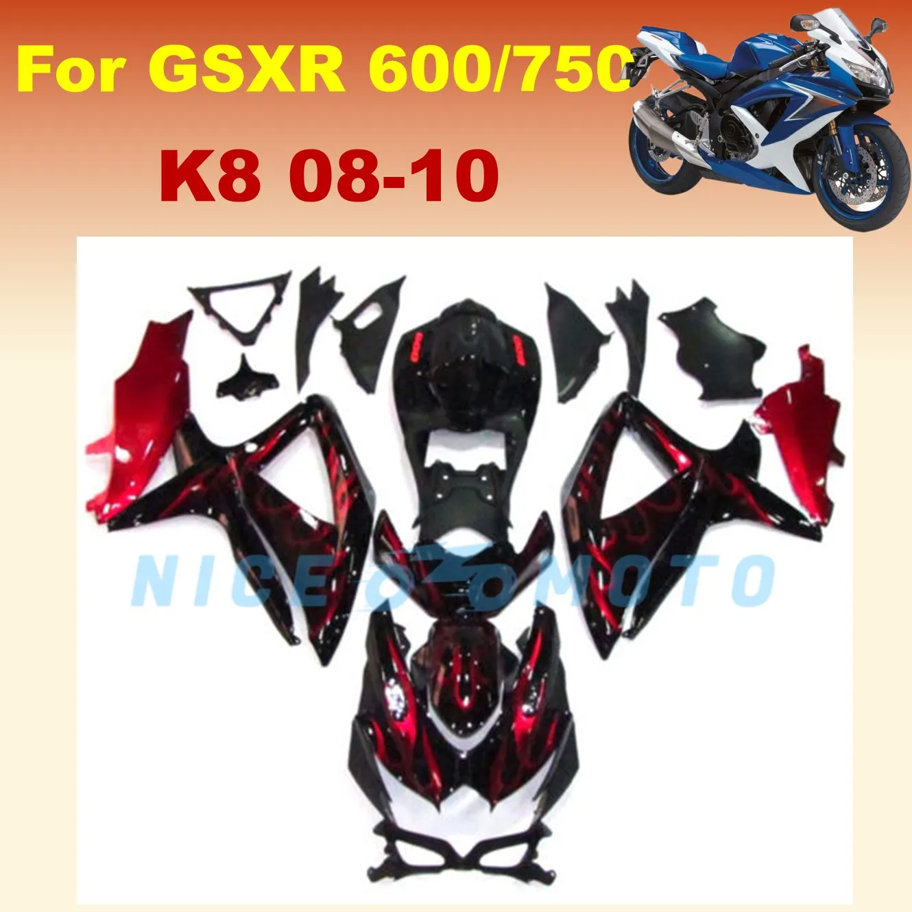 ABS Motorcycle Whole Fairing kit fit for GSXR600 750 08 09 10 GSXR 600 GSX-R750 K8 2008 2009 2010 Fairings kits red flame