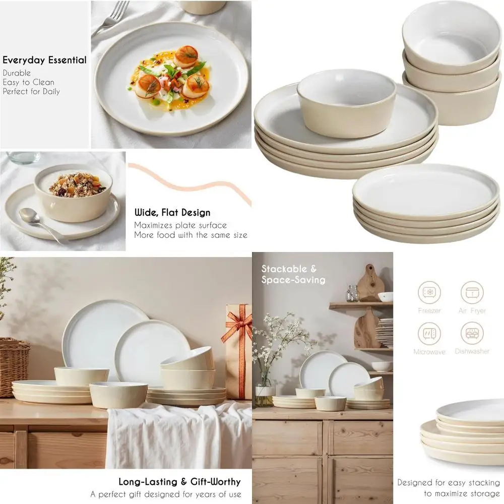 

4-Piece Stoneware Dinnerware Set: Microwave & Dishwasher Safe, Reactive Glaze, Rustic Modern Design, Light Beige