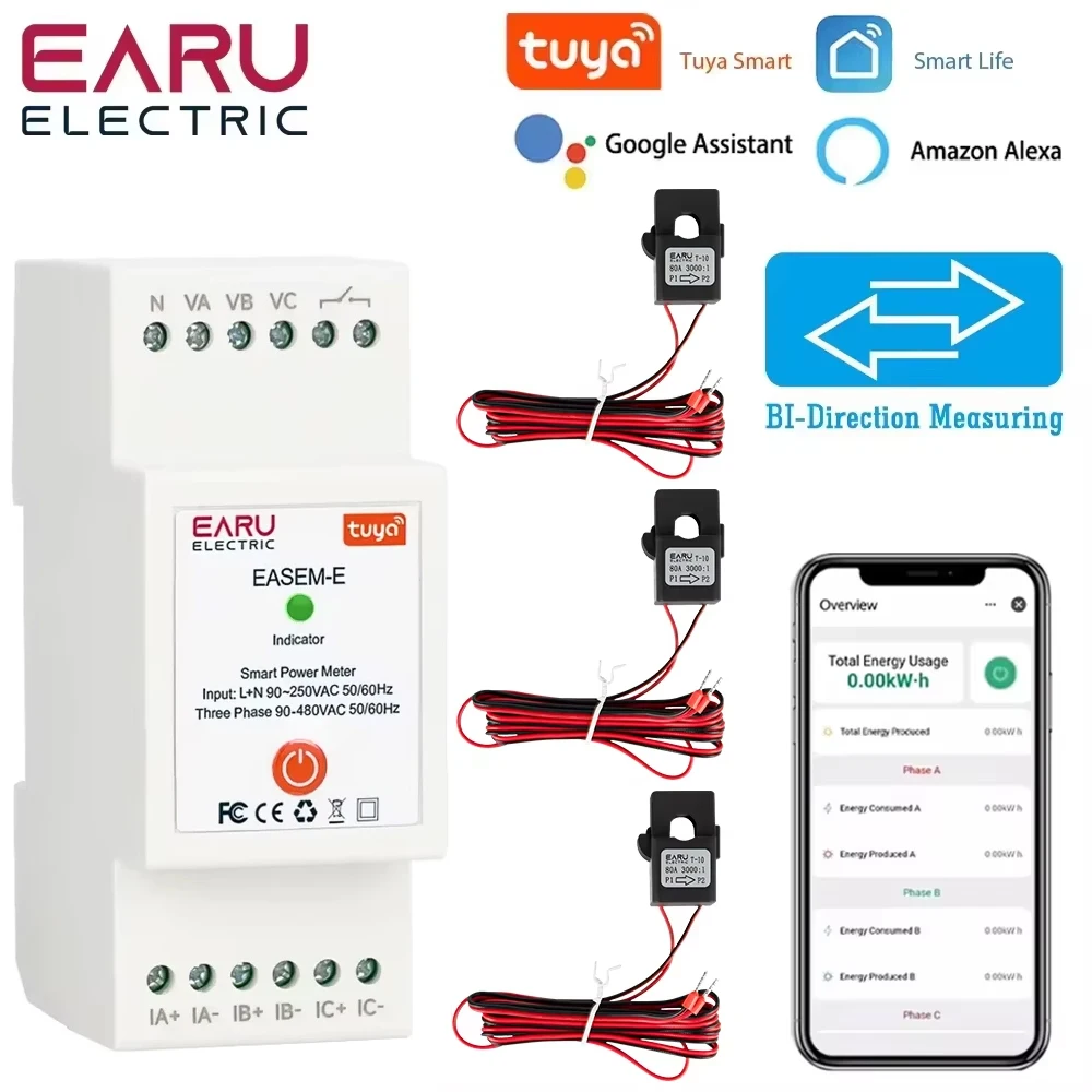 Tuya WiFi Smart Three Phase AC90-480V Bi-Directional Measurement Power Energy kWh Meter Monitor with 3Pcs CT Clamps Switch Relay