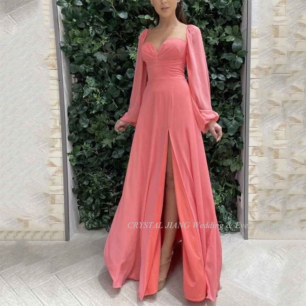 

Elegant Long Sleeves Beach Chiffon Evening Dresses Custom Made High Split Bridesmaid Evening Gowns for Women