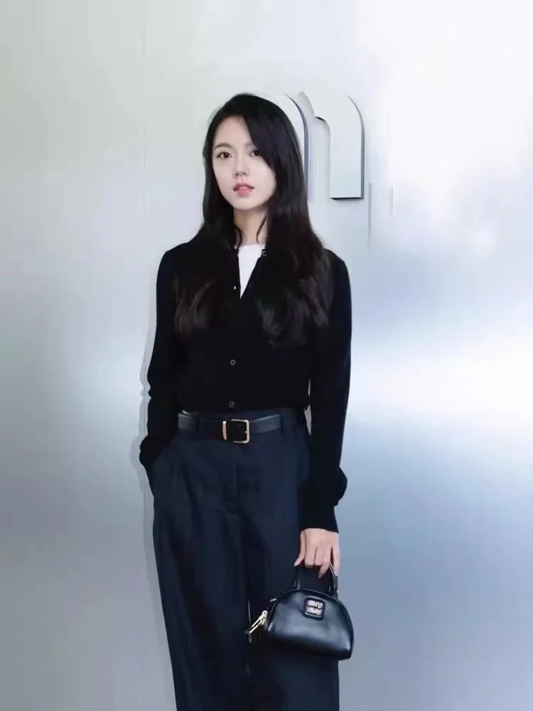 سترة نسائية مفتوحة محبوكة من الصوف 00% سترة فضفاضة ملابس خارجية مستديرة Ne طبقات علوية للخريف والشتاء صوف ناعم مريح