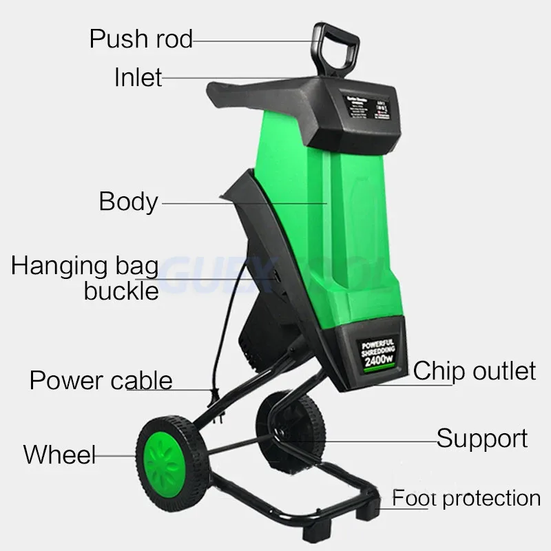 2400W Electric Crusher Garden Tool Multifunctional Shredder of Branches of Leaves Wood Crusher Can Be Broken Branches