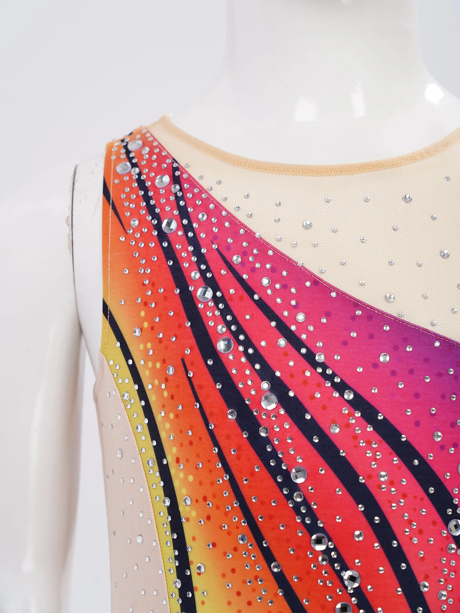 Children Girls Ballet Jersey Rhythmic Gymnastics Leotard Figure Skating Dance Performance Costume Mesh Shiny Rhinestone Bodysuit