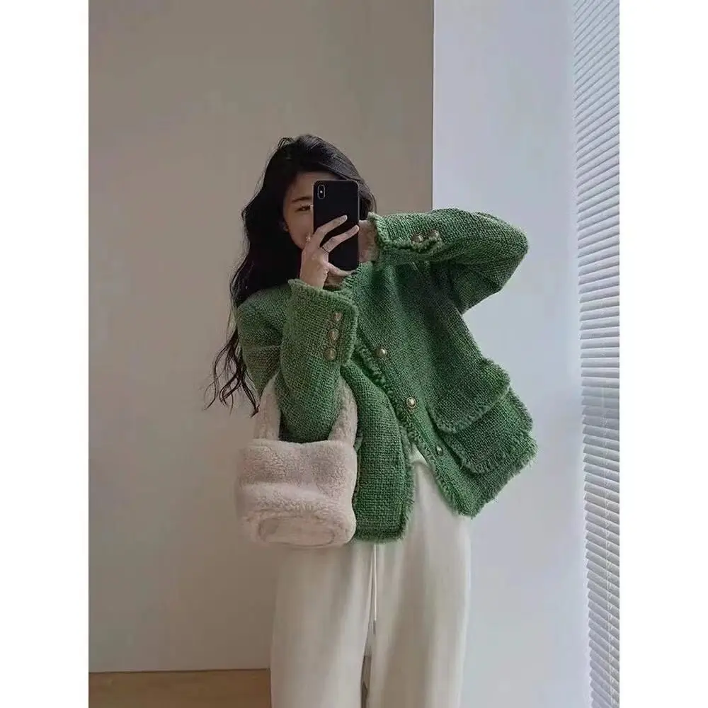 2024 Spring Autumn New Women\'s Unique Suit Green Fragrant Short Coat Tassel Wool Blazers Female