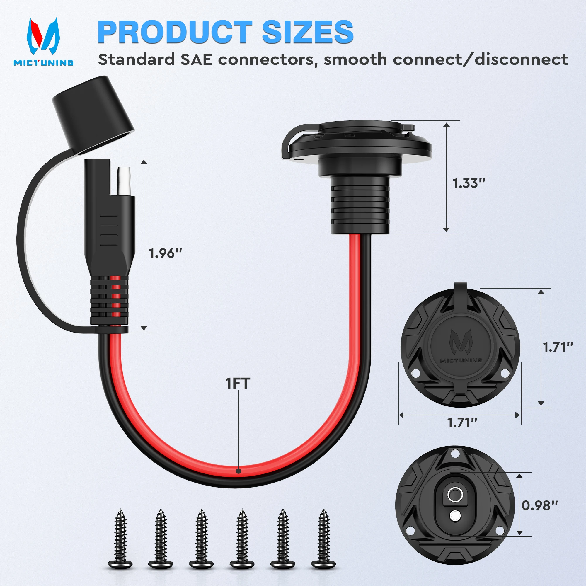

MICTUNING 2PCS SAE Socket Sidewall Port to Male Plug 12V-24V Power Cord Quick Connector Extension Cable Harness For Motorcycle