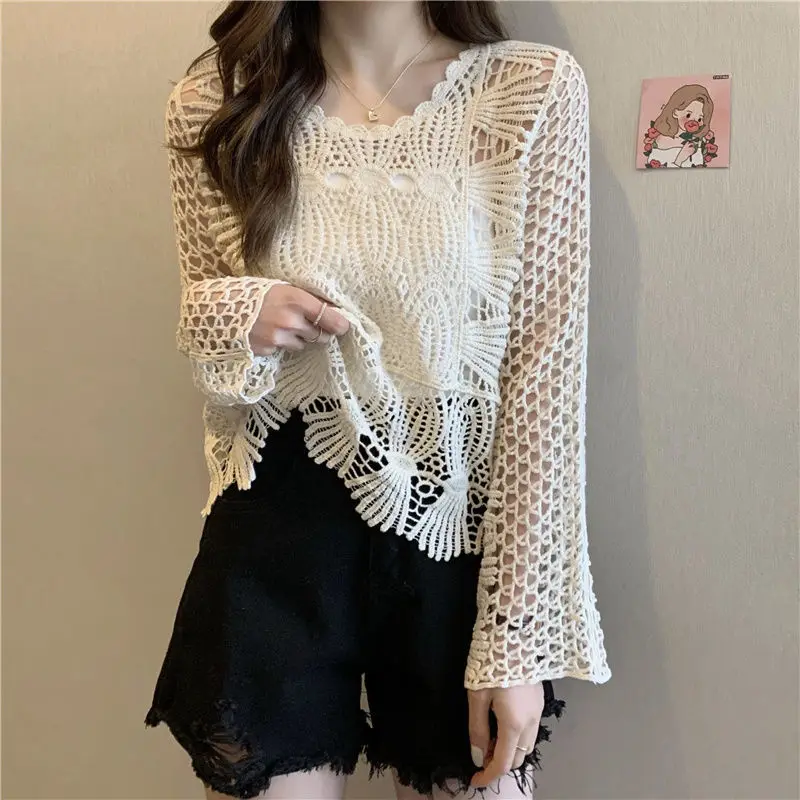 Hollow Knitted Women\'s Clothing Summer Loose Thin Sunscreen Pullover Fashion Causal Korean Version Chic Lace Cropped Top T-shirt