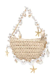 Fashion Pearl Straw Woven Women's Crossbody Bag Designer Handbag Bohemian Rattan Beach Bag Female Shoulder Messenger Bag Tote