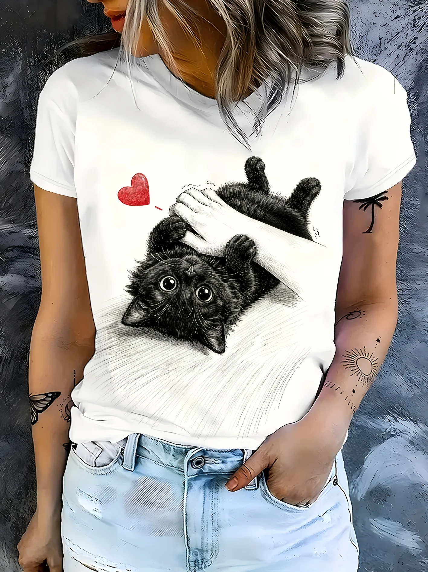 Women T‑shirt Short Sleeve Pocket Black Cat Red Heart Graphic Print O‑neck Casual Daily Summer Fashion Tee Top Women's Clothes