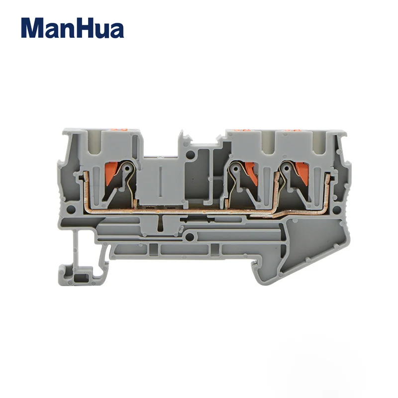 ManHua 10Pcs Terminal Block Din Rail Mount PT4-TWIN 3 Conductors Push In Spring Screwless Feed Through Wire Conductor