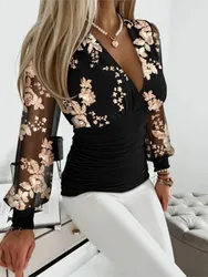 Sexy V Neck Long Sleeve Shirt Blouse Officce Lady Spring Autumn Fashion Elegancka koszula z kwiatowym nadrukiem dla kobiet 2023. Kobiece topy