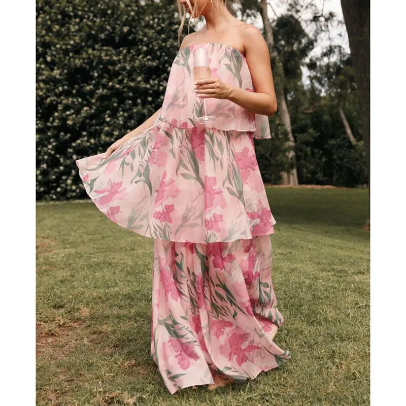 Combhasaki feminino verão boho floral impressão sem alças plissado em camadas sem costas solto a linha bolo tubo vestido longo streetwear