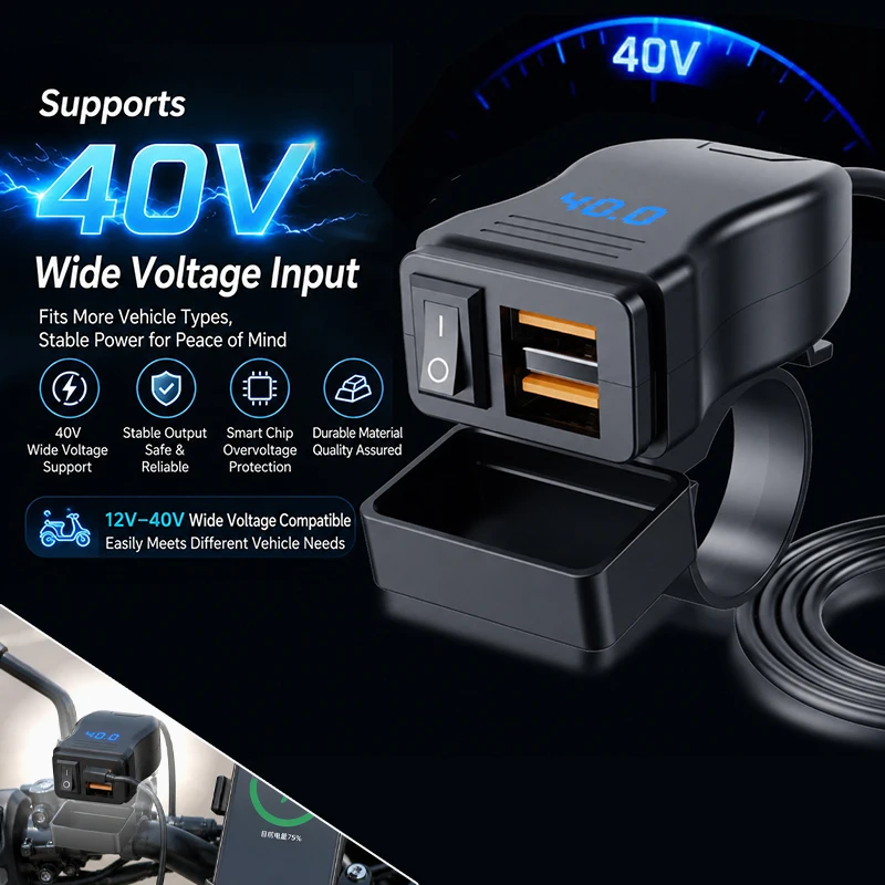 Dual Qc3.0 Usb Motorcycle Mobile Phone Fast Charger 12V-40V Car Charger Dual Fast Charge Waterproof Voltage Display